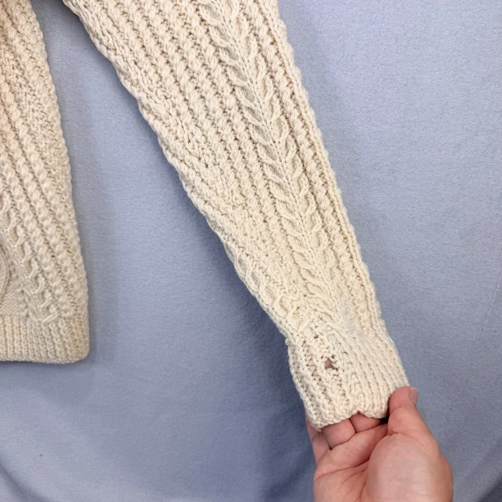 Vintage Fisherman Hand Knit Wool Cardigan Cream Cable Knit Sweater Spread Collar